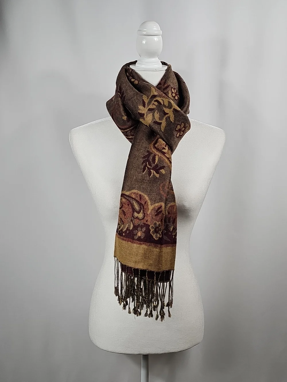 Cashmere Silk Pashmina Scarf Brown Paisley Floral Fringe Wrap Shawl Festival
